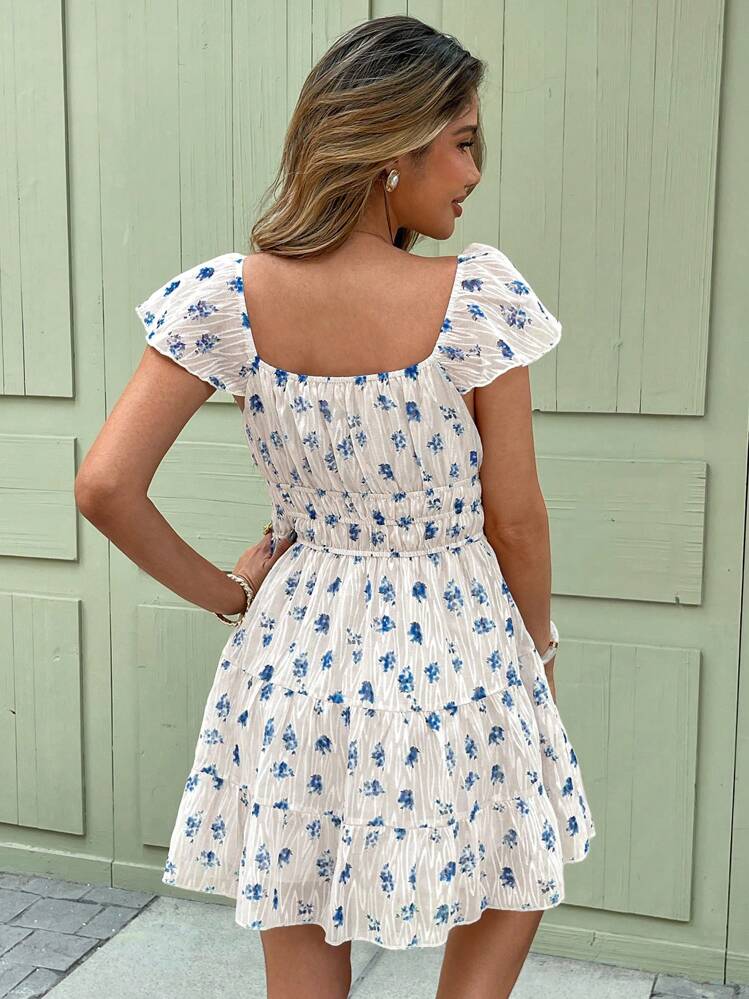 Vestido mini con cuello cuadrado y estampado floral para mujer, ideal para el verano - Azul - Añade 2