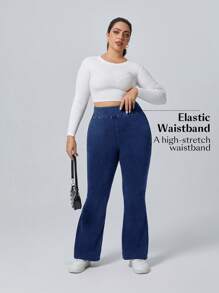 SHEIN CURVE+ Quần jeans ống loe cạp cao giặt thường ngày cỡ lớn - Rửa tối - Xem 6