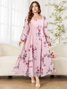 Modelyn 大码女式方领灯笼袖系带喇叭雪纺花卉印花优雅度假连衣裙 - 彩色 - 查看 1