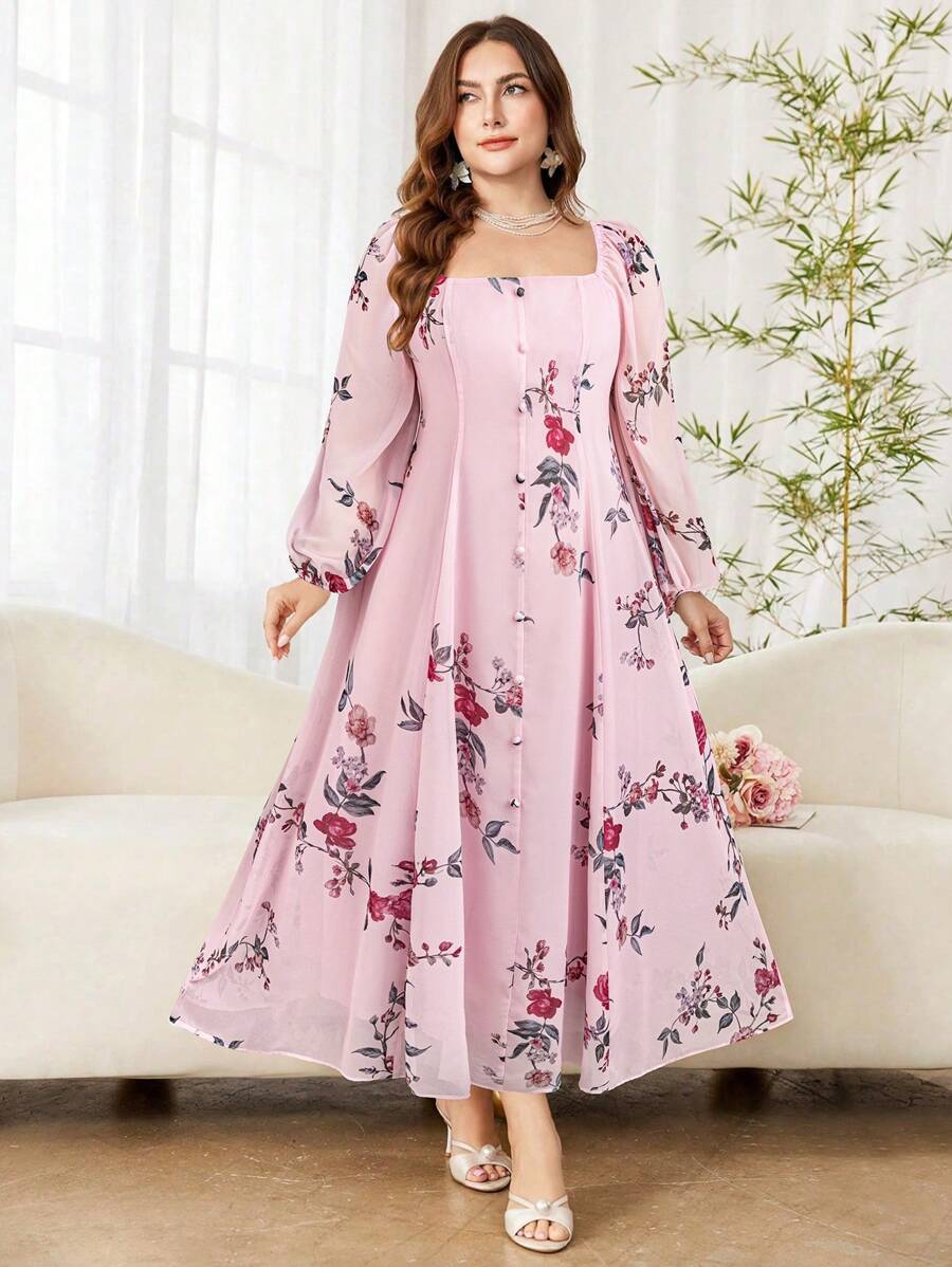 Modelyn 大码女式方领灯笼袖系带喇叭雪纺花卉印花优雅度假连衣裙 - 彩色 - 查看 1