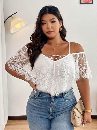 Elenzga Plus Size Open Shoulder Lace Cloak With Tie-Up Decorated Sleeves, Crossover Decor Bodysuit For Outing, Holiday, Party Summer Clothes Women Summer Shirts Women Clothes Women Clothing Summer Outfits
