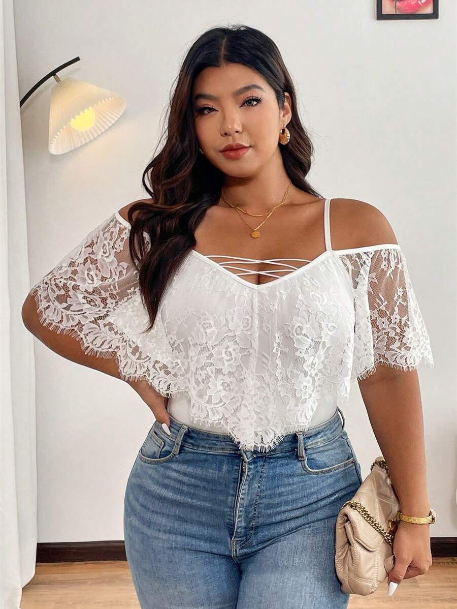 Elenzga 加大码露肩蕾丝斗篷，带系带装饰袖子，交叉装饰紧身衣，适合外出、度假、派对夏季服装女士夏季衬衫女士服装女士服装夏季服装 - 白色 - 查看 1