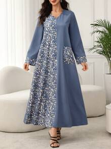 Lacomfia 2025春夏中东迪拜和土耳其时尚印花拼布阿拉伯风格长袍连衣裙，宽松版型，端庄 - 藍色 - 查看 3