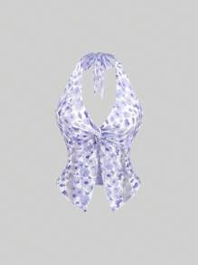 Sweetra Women's Sexy Halter Neck Knot Lace Mesh Fitted Summer Camisole Top - Purple - View 2