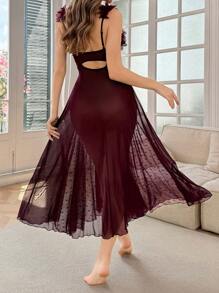 Seduluxe فستان نوم طويل من الدانتيل والشبك الزهري مع حمالات رفيعة وتصميم الخصر، ملابس داخلية شفافة، فستان ليلي طويل من الدانتيل - لون كستنائي - مشاهدة 2