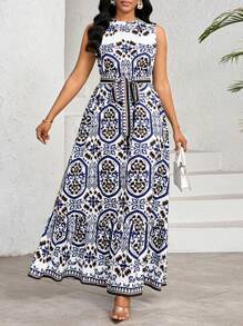 SHEIN Lady Đầm dài không tay cổ tròn in họa tiết toàn thân cho nữ mùa hè - Nhiều màu - Xem 4