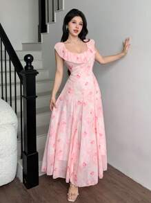 Modelyn 优雅花卉印花荷叶边领收腰法式连衣裙