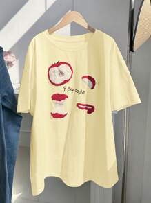 Comfortcana 休闲宽松苹果图案黄色加大码T恤 - 黃色 - 查看 1