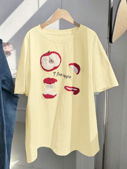 Comfortcana 休闲宽松苹果图案黄色加大码T恤