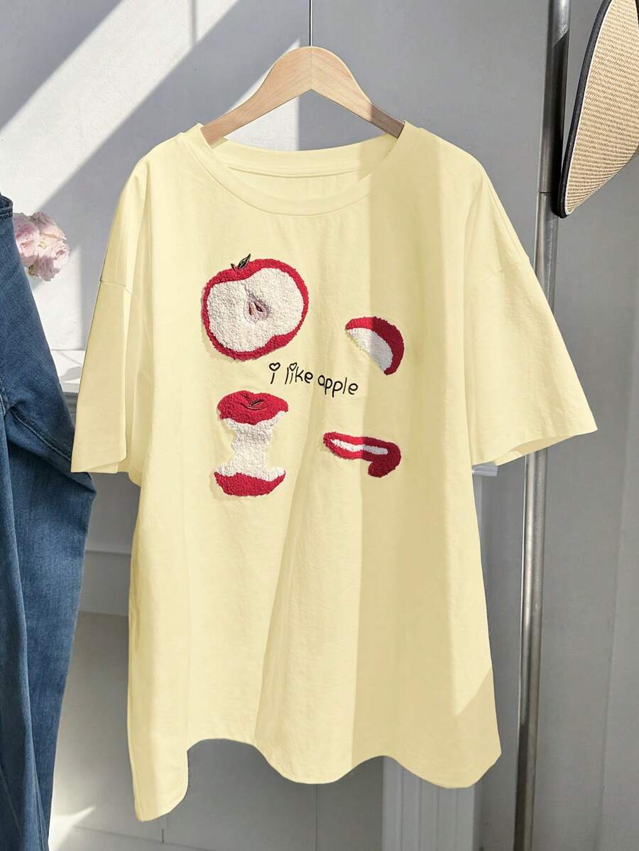 Comfortcana 休闲宽松苹果图案黄色加大码T恤 - 黃色 - 查看 1