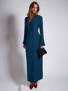 COSMINA 女士优雅红色长款西装外套派对连衣裙 - 藍色 - 查看 3