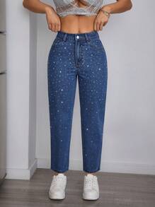 SHEIN PETITE Women's Rhinestone Embellished Pocket Skinny Jeans, For All Seasons - Blue - View 1