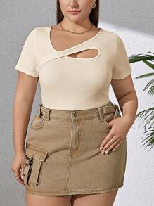 SHEIN Essnce 女式加大码镂空修身时尚百搭短袖修身T恤，春夏