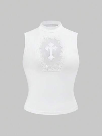 Kawaii Openwork Cross Embroidered Plus Size Sleeveless Crew Neck Solid Color Casual Tank Top For Summer