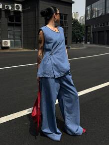 DAZY 夏季新款女款寬鬆休閒復古風牛仔套裝校園風 - 淺藍色 - 查看 2