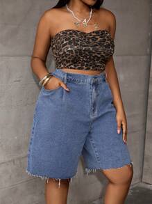 SHEIN EZwear Plus Size Blue Distressed Denim Casual Slim Fit Shorts,Spring For Women / Spring,Summer For Women / Summer / Summer / Cute,Easter / Easter / Easter Women,Concert Women / Rave / Rave Festival / Country Concert / Nashville - Blue - View 4