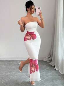Rafferiza Vestido ajustado de mujer con estampado floral de malla y fruncido elegante - Albaricoque - Ver 5