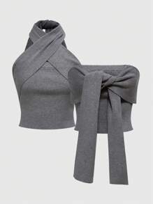 ROMWE J-Fashion 百搭针织吊带背心，正面系带，多种款式，返校必备 - 灰色 - 查看 9