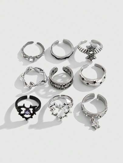 Goth 9pcs/Set Fashionable Casual Punk Hollow Star & Heart Shaped Rings, Ideal Gifts For Holidays