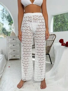 Swim Vcay White Knit Jacquard Fabric Sexy Hollow-Out Beach Pants For Summer