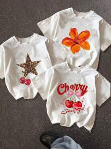 Camiseta de mujer de cuello redondo con estampado de cerezas, primavera/verano - Blanco - Ver 1