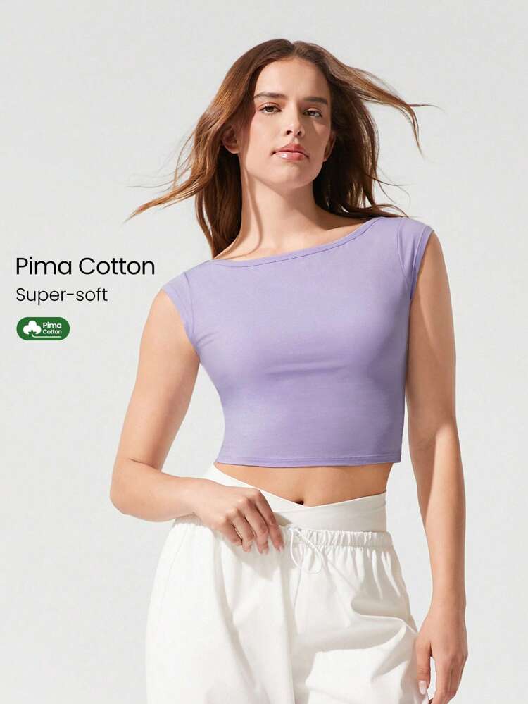 ピマコットン 柔らかいストレッチ性 ボートネック 半袖 ウエストレングス ベビーTシャツ、ジムヨガピラティスバーレッスン、デイリーカジュアルラウンジウェア