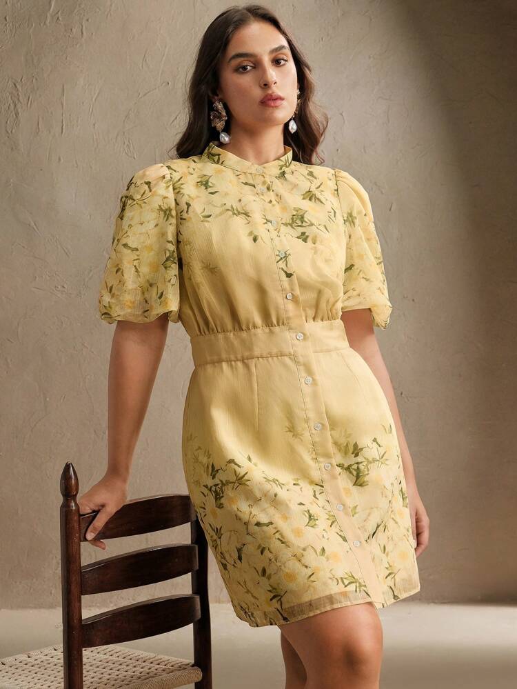 French Palace Style Yellow Floral Print Puff Sleeve Midi Dress, Stand Collar Waisted Retro Elegant Plus Size