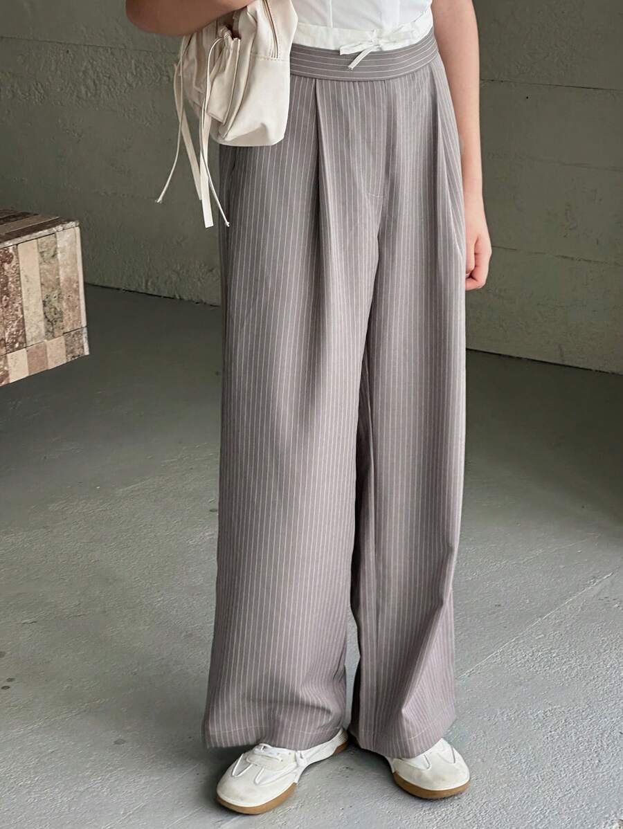 DAZY 青少年女孩竖条纹休闲长裤，返校服装 - 灰色 - 查看 1