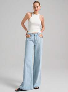 Ontre Women's Blue Jeans Low Waist Hollow Waist Wide-Leg Pants Future-Style Minimalist Jeans Summer Jeans - Light Wash - View 2