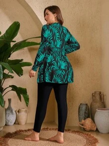Swim Mulvari 2pcs Plus Size Women Floral & Colorful Leaf Random Print Long Sleeve & Long Pants Modest 2-Piece Tankini Swimsuit Set For Summer Beach Vacation - Green - View 2