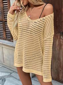 LanaWest V-Neck Loose Beach Cover-Up With Side Slit For Summer Beach Vacation - Yellow - View 3