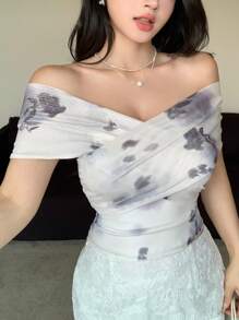 Modelyn 女式网眼花卉十字图案性感夏季T恤 - 杏色 - 查看 5