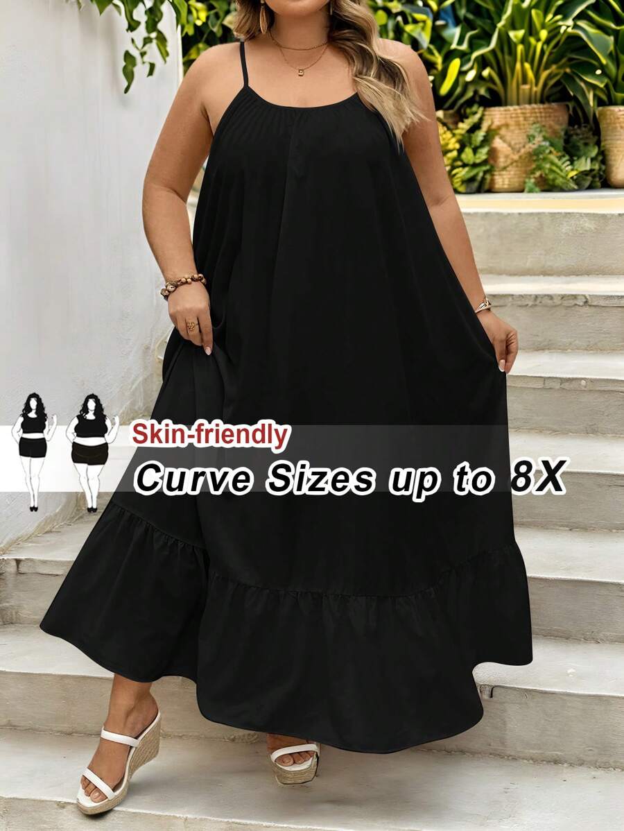 SHEIN CURVE+ Solid Color Plus Size Tank Top Swing Dress,Long Vacation Dress, Wedding Anniversary, White Dress, Long White Dress Boho Vacation Beach Outfits For Woman/Beach Dress/Beach Vacation Outfits/Beach Essentials / Graduation/Tea Party Dress,Sundress,Summer Dresses For Women
