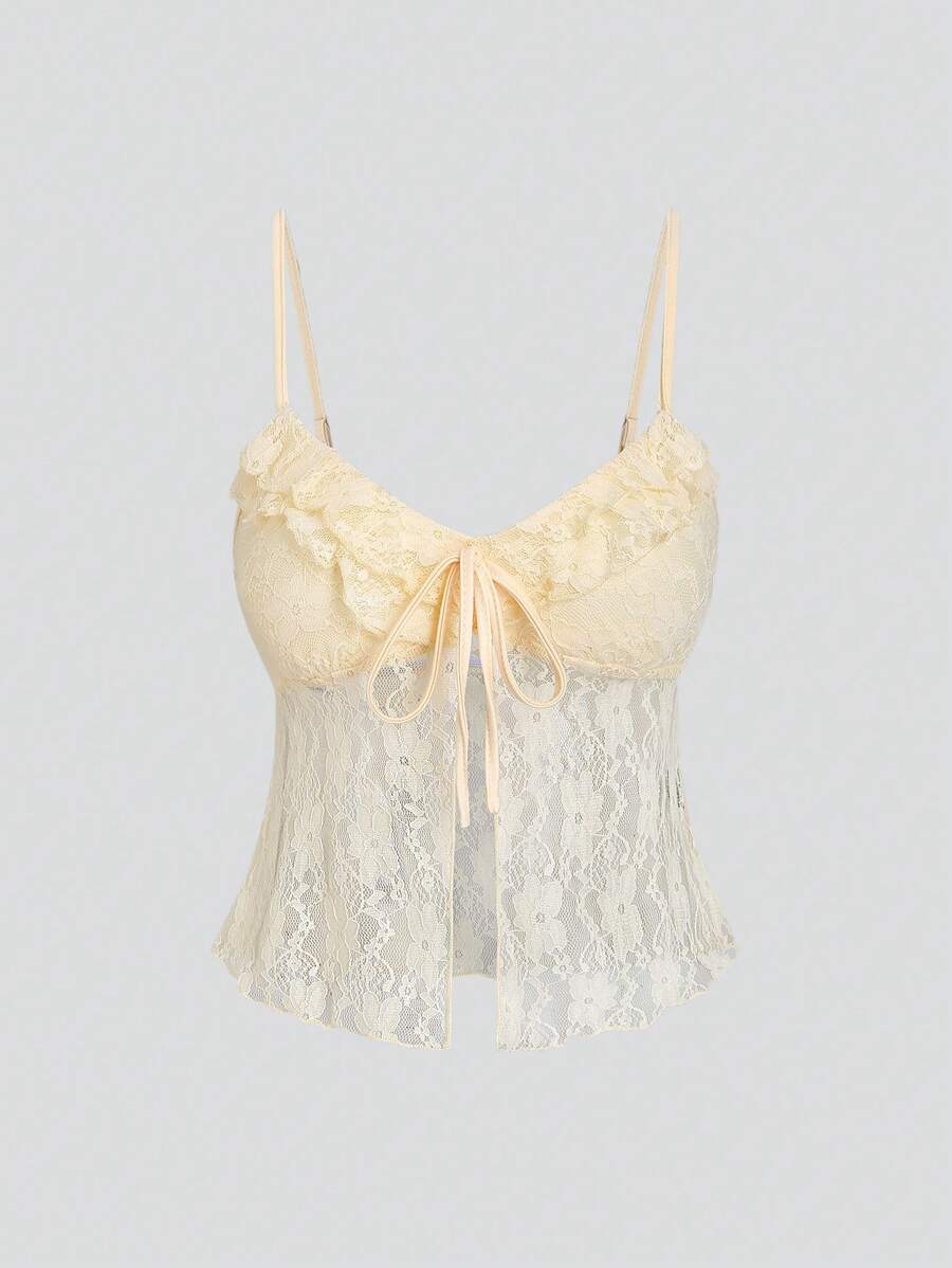 Sweetra 女士蕾丝吊带背心，粉色，夏季，性感，系带前开合身俱乐部装，适合情人节、约会、派对 - 杏色 - 查看 1