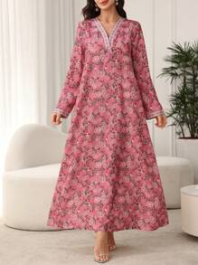 Lacomfia Modisches, weites Mittellanges Kleid im muslimisch-nahöstlichen Stil, Dubai-Stil Abaya, dezent - Pink - Übersicht 4