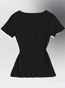 SHEIN EZwear 女式休闲标语印花短袖T恤，夏季 - 黑色 - 查看 2