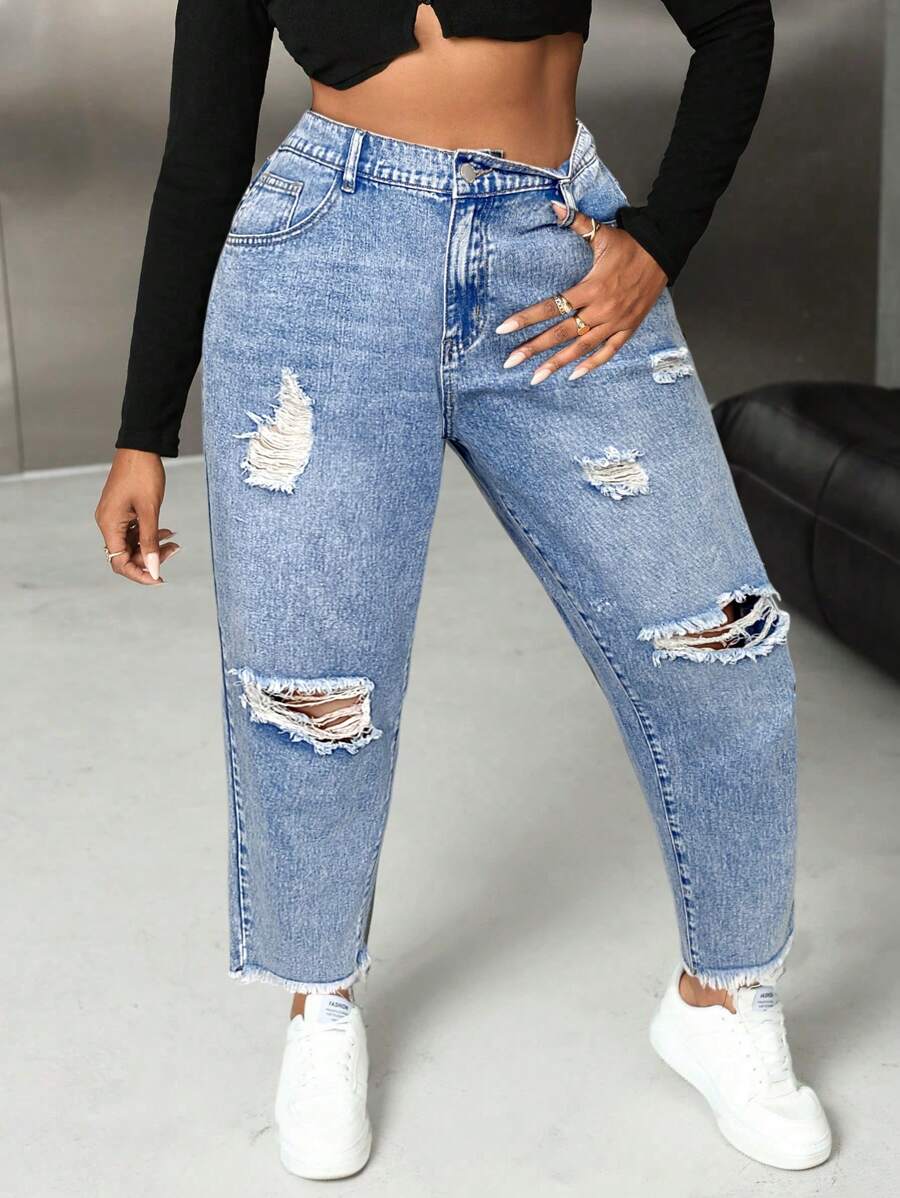 SHEIN SXY Pantalones vaqueros rotos de talla grande con ajuste entallado - Pantalones vaqueros negros de talla grande - Pantalones vaqueros negros - Pantalones para Halloween - Pantalones bajos para salir - Pantalones vaqueros para mujer - Pantalones de otoño - Pantalones de mezclilla - Ropa de mujer de otoño - Pantalones vaqueros de vaquera - Lavado ligero - Ver 1