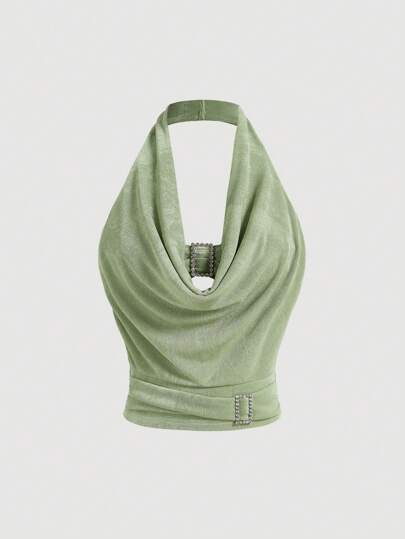 SHEIN MOD 复古浪漫绿色垂坠领露背上衣，金属纽扣装饰 - 二合一，Y2K 和垃圾朋克风格，非常适合海岛度假、派对、野餐和约会，女士度假装