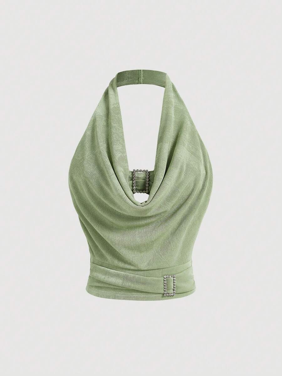 SHEIN MOD Vintage romantisches grünes Oberteil mit drapiertem Kragen, Neckholder und offenem Rücken mit Metallknopf-Akzenten - 2 in 1, Y2K und Grunge Punk Stil, perfekt für Inselurlaube, Partys, Picknicks und Dates, Urlaubsoutfit für Frauen - Grün - Übersicht 1