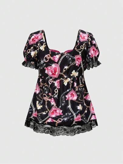 J-Fashion Blouse femme rétro Subculture Y2K Harajuku Streetwear à motif d'imprimé graphique en patchwork de dentelle