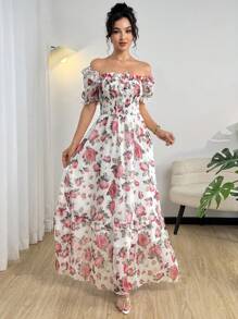 Modelyn Digital Print Square Neck Short Sleeve Long Dress For Women - Multicolor - View 4