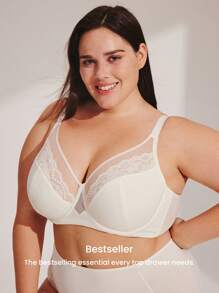 LUVLETTE 女士内衣休闲曲线透视全覆盖支撑透气钢圈性感无衬里白色蕾丝优雅网眼迷你文胸新娘内衣 - 米色 - 查看 4