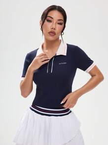 Women's Summer Casual Color Block Patchwork Short Sports Polo Shirt - Blue - View 3