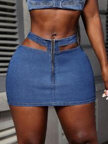 Slaydiva 女式镂空腰部拉链设计紧身牛仔裙 - 深色水洗藍 - 查看 5