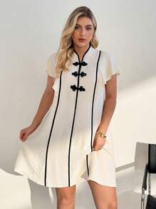 Auralis Vestido holgado informal de talla grande con ribete de bloques de color - Albaricoque - Ver 3