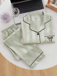 女童睡衣，香槟色条纹长袖开衫和长裤两件套家居服套装 - 綠色 - 查看 11