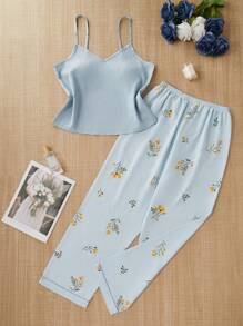 CottageSlumber Women's Summer Solid Color Camisole Top & Botanical Print Pants Pajama Set Loungewear Bountiful Floral Splendor Cozy And Elegant Details