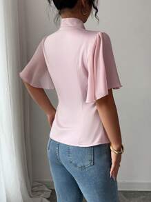 Selianne Elegant Vacation Romantic Commute Oversized Ruffled Sleeve Chiffon Flowy Sleeve Satin Blouse For Women - Pink - View 2