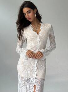 Aloruh Modern Deep V-Neck Long Sleeve Flare Cuff Tight Fitting Dress With High Slit - White - View 6