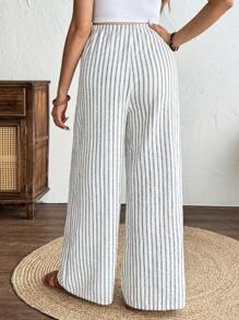 SHEIN Maternity Stripe Pattern Tie Front Pants - Navy Blue - View 2